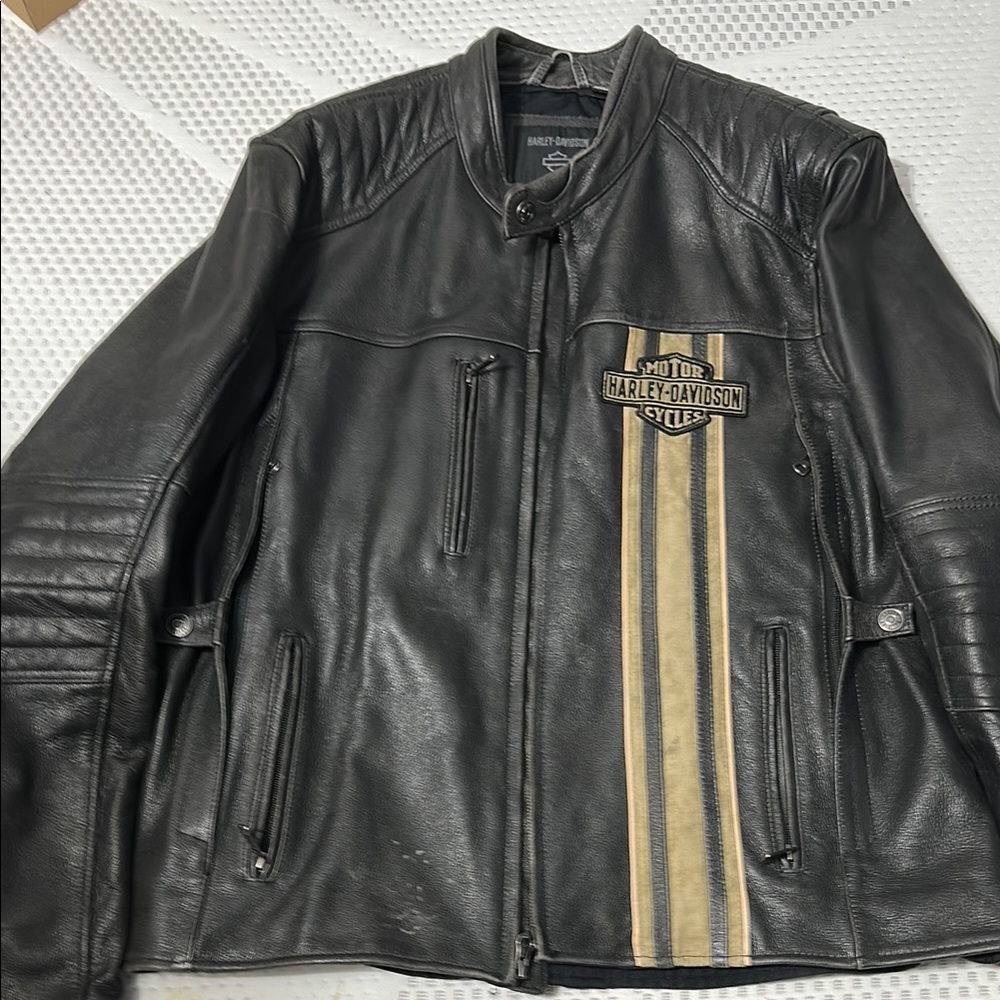 Harley-Davidson Black Leather Jacket with Tan Stripes